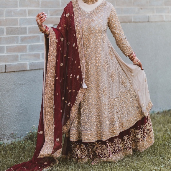 Royal Maroon and Taupe Indian Pakistani Bridal Lehenga Kameez - Picture 2 of 11